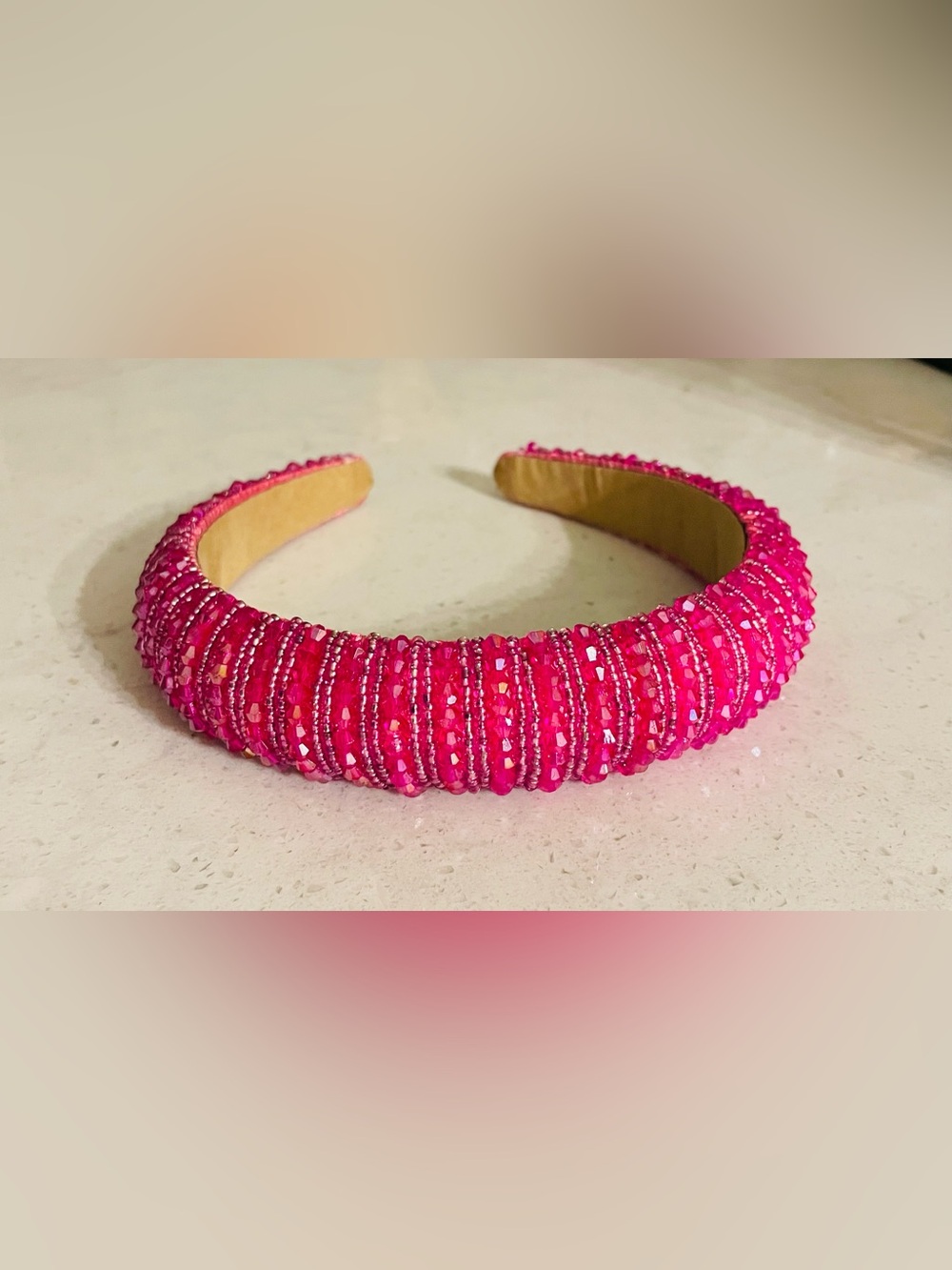 Elegant Beaded puff Padded Headband in pink Dragon Fruit